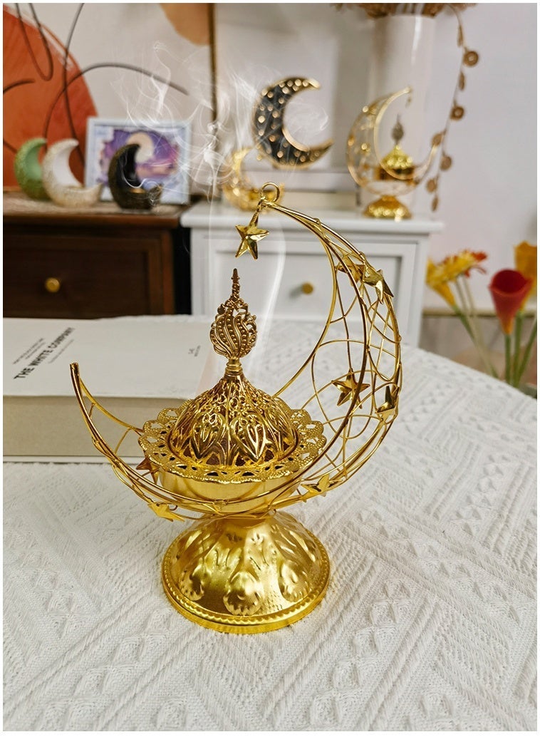 Gold Crescent Moon Incense Burner & Candle Holder, Middle Eastern Islamic Style Decor - Image 5